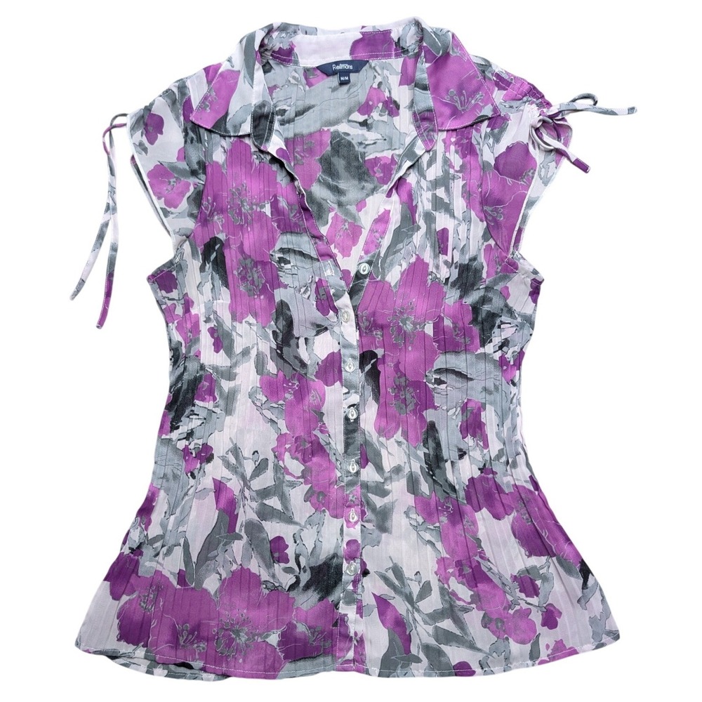 Reitmans M Purple White Grey Floral Stretch Pleat Short Sleeve Button Up Blouse